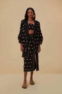 FARM Rio  Vestes<Blazer à franges en raphia noir