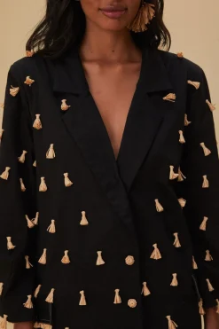 FARM Rio  Vestes<Blazer à franges en raphia noir