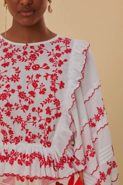 FARM Rio  Chemisiers<Blouse à manches longues brodée blanc cassé et rouge