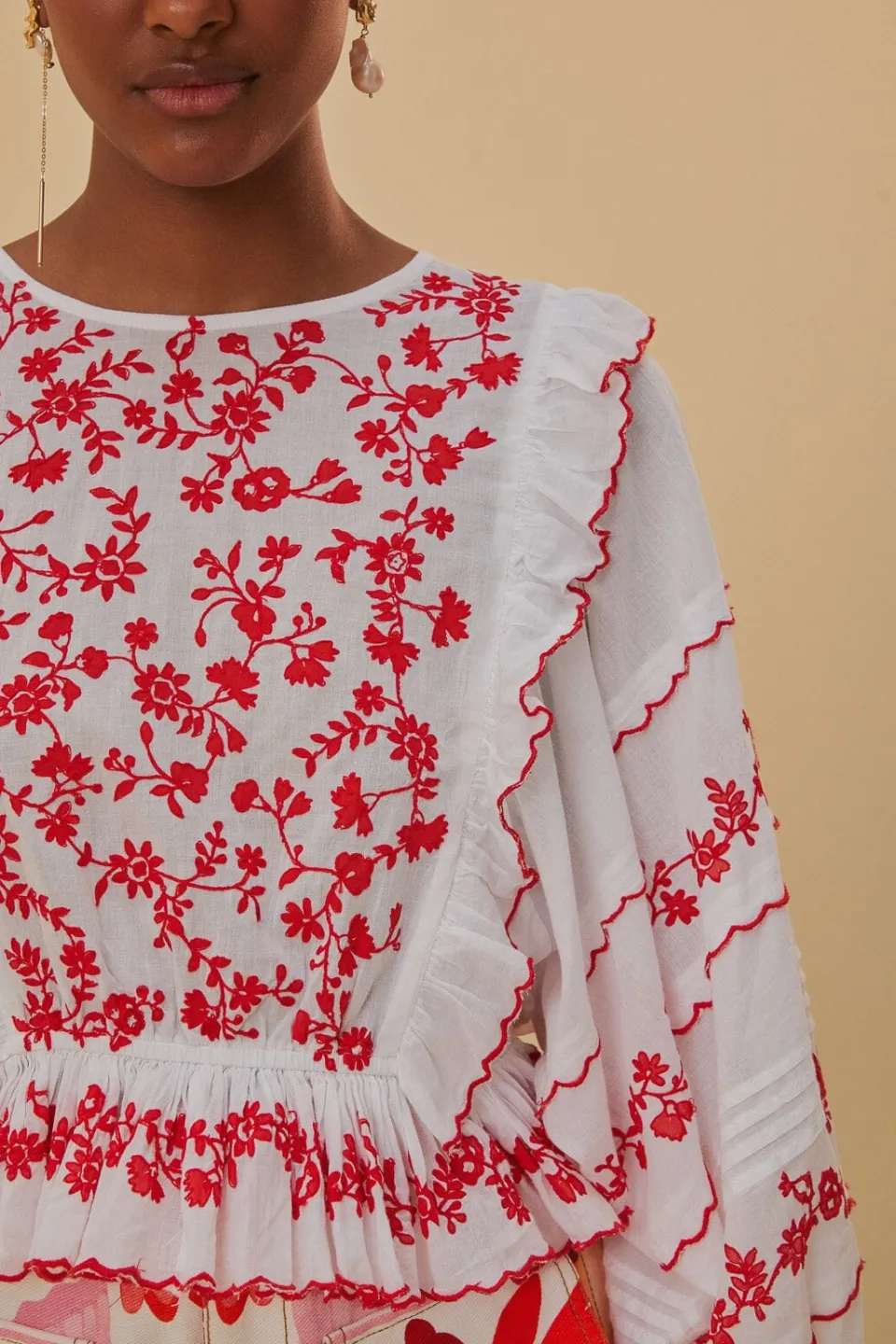 FARM Rio Chemisiers<Blouse à manches longues brodée blanc cassé et rouge