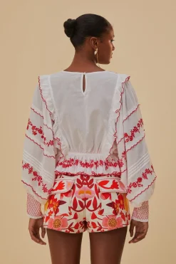 FARM Rio Chemisiers<Blouse à manches longues brodée blanc cassé et rouge