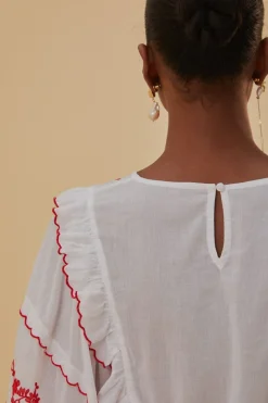FARM Rio Chemisiers<Blouse à manches longues brodée blanc cassé et rouge