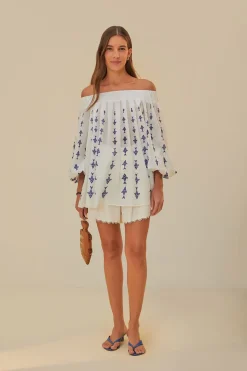 FARM Rio  Chemisiers<Blouse à épaules dénudées Off-White Graphic Fishes