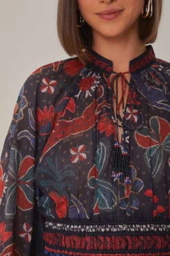 FARM Rio  Chemisiers<Blouse bleu foncé à col en V et brillance tropicale