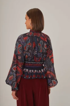 FARM Rio  Chemisiers<Blouse bleu foncé à col en V et brillance tropicale