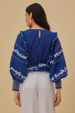 FARM Rio Chemisiers<Blouse brodée à manches longues bleu marine