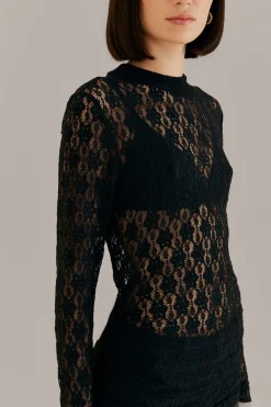 FARM Rio  Chemisiers<Blouse noire à manches longues en dentelle