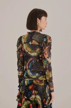FARM Rio  Chemisiers|Robes Midi<Blouse noire en tulle avec oiseaux colorés