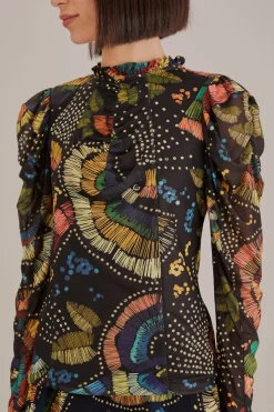 FARM Rio  Chemisiers|Robes Midi<Blouse noire en tulle avec oiseaux colorés