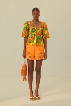 FARM Rio  Chemisiers<Blouse Orange Chic Poires à Manches Courtes