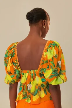 FARM Rio  Chemisiers<Blouse Orange Chic Poires à Manches Courtes