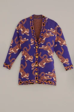 FARM Rio Gilets<Cardigan en maille léopard bleu marine