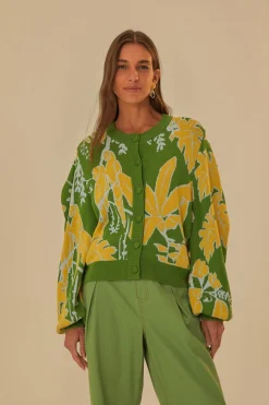 FARM Rio  Gilets<Cardigan en tricot à croquis de feuillage vert