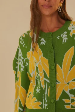 FARM Rio Gilets<Cardigan en tricot à croquis de feuillage vert