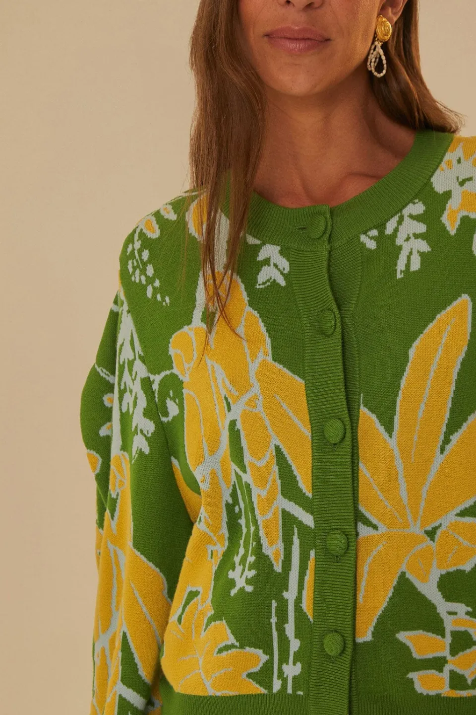 FARM Rio Gilets<Cardigan en tricot à croquis de feuillage vert