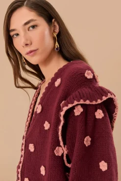 FARM Rio  Gilets<Cardigan en tricot à fleurs au crochet bordeaux