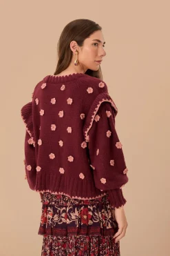 FARM Rio  Gilets<Cardigan en tricot à fleurs au crochet bordeaux