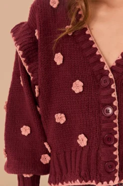 FARM Rio  Gilets<Cardigan en tricot à fleurs au crochet bordeaux