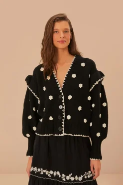 FARM Rio  Gilets<Cardigan en tricot à fleurs noires et blanches