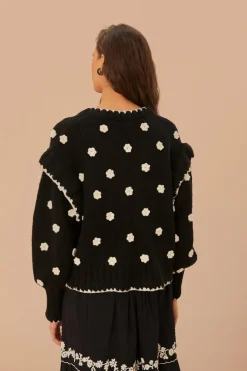 FARM Rio  Gilets<Cardigan en tricot à fleurs noires et blanches