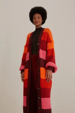 FARM Rio  Gilets<Cardigan en tricot midi à rayures tropicales