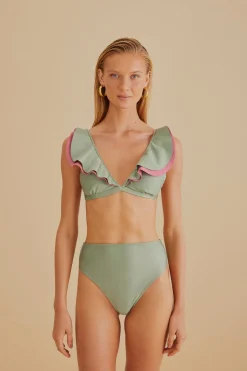 FARM Rio  Bikinis|Hauts Courts<Haut de bikini vert à volants