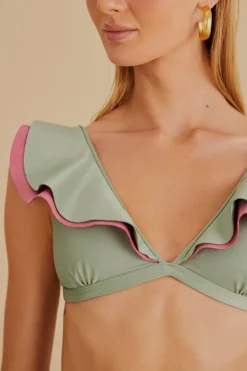 FARM Rio  Bikinis|Hauts Courts<Haut de bikini vert à volants