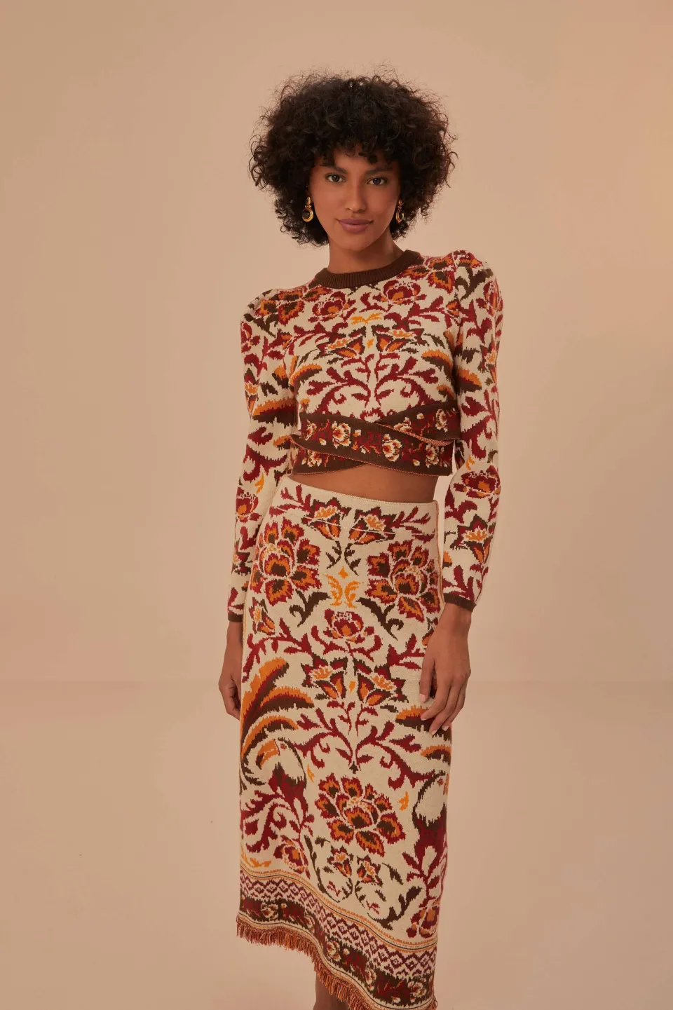 FARM Rio Jupes<Jupe mi-longue en tricot à motif toucans crème