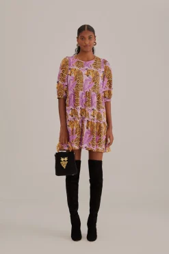 FARM Rio  Robes Courtes<Mini-robe à manches bouffantes et feuilles de tigre lavande