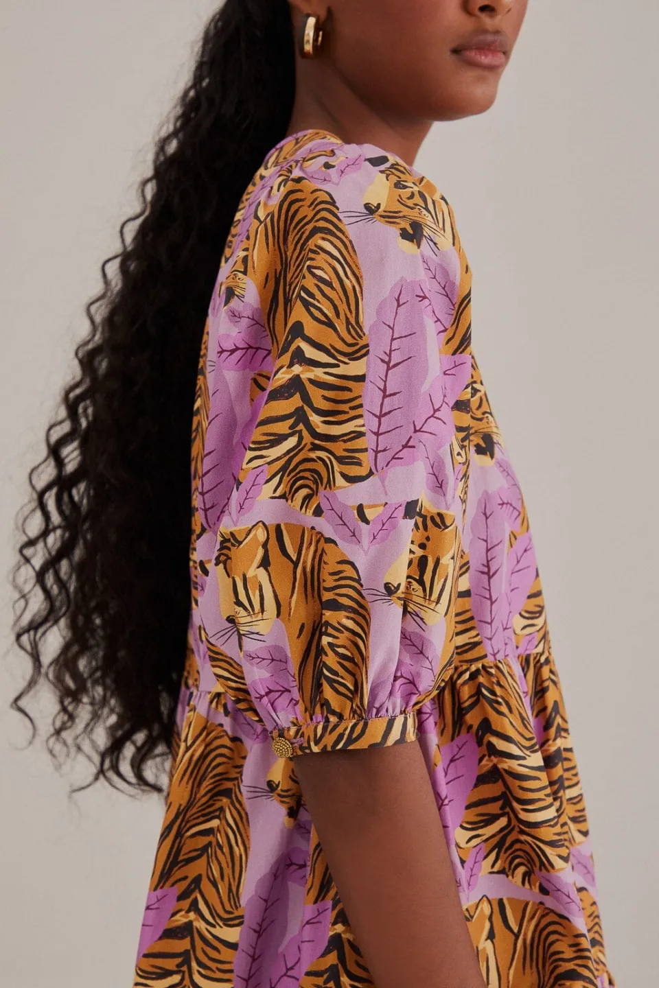 FARM Rio Robes Courtes<Mini-robe à manches bouffantes et feuilles de tigre lavande
