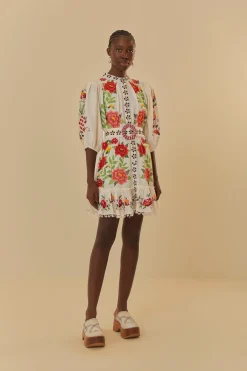 FARM Rio  Robes Courtes<Mini-robe blanc cassé à manches courtes et fleurs Carmina brodées