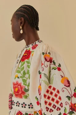 FARM Rio  Robes Courtes<Mini-robe blanc cassé à manches courtes et fleurs Carmina brodées