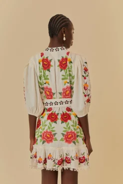 FARM Rio  Robes Courtes<Mini-robe blanc cassé à manches courtes et fleurs Carmina brodées
