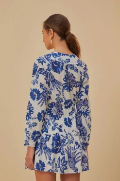 FARM Rio  Robes Courtes<Mini-robe blanc cassé à manches longues et oiseaux fleuris