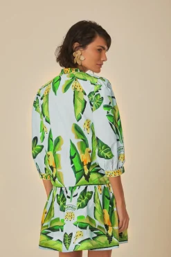 FARM Rio  Robes Courtes<Mini-robe bleue en coton biologique avec foulard à feuillage d'été