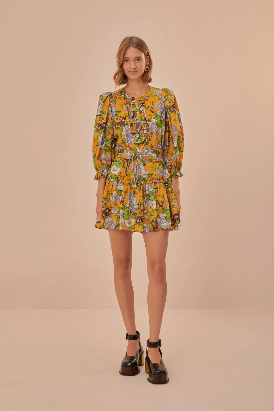 FARM Rio Robes Courtes<Mini-robe fleurie à manches courtes jaune Capri
