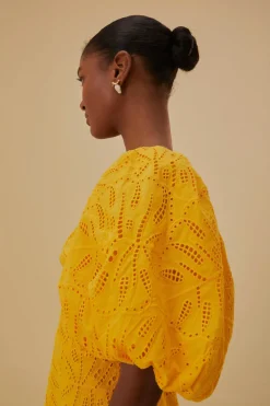 FARM Rio  Robes Courtes<Mini-robe jaune à manches courtes et œillets Monstera