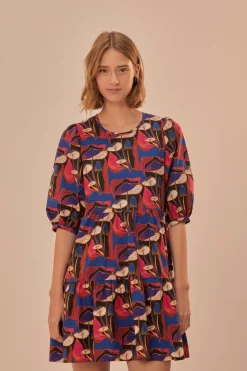 FARM Rio  Robes Courtes<Mini-robe noire à manches bouffantes et champignons sauvages