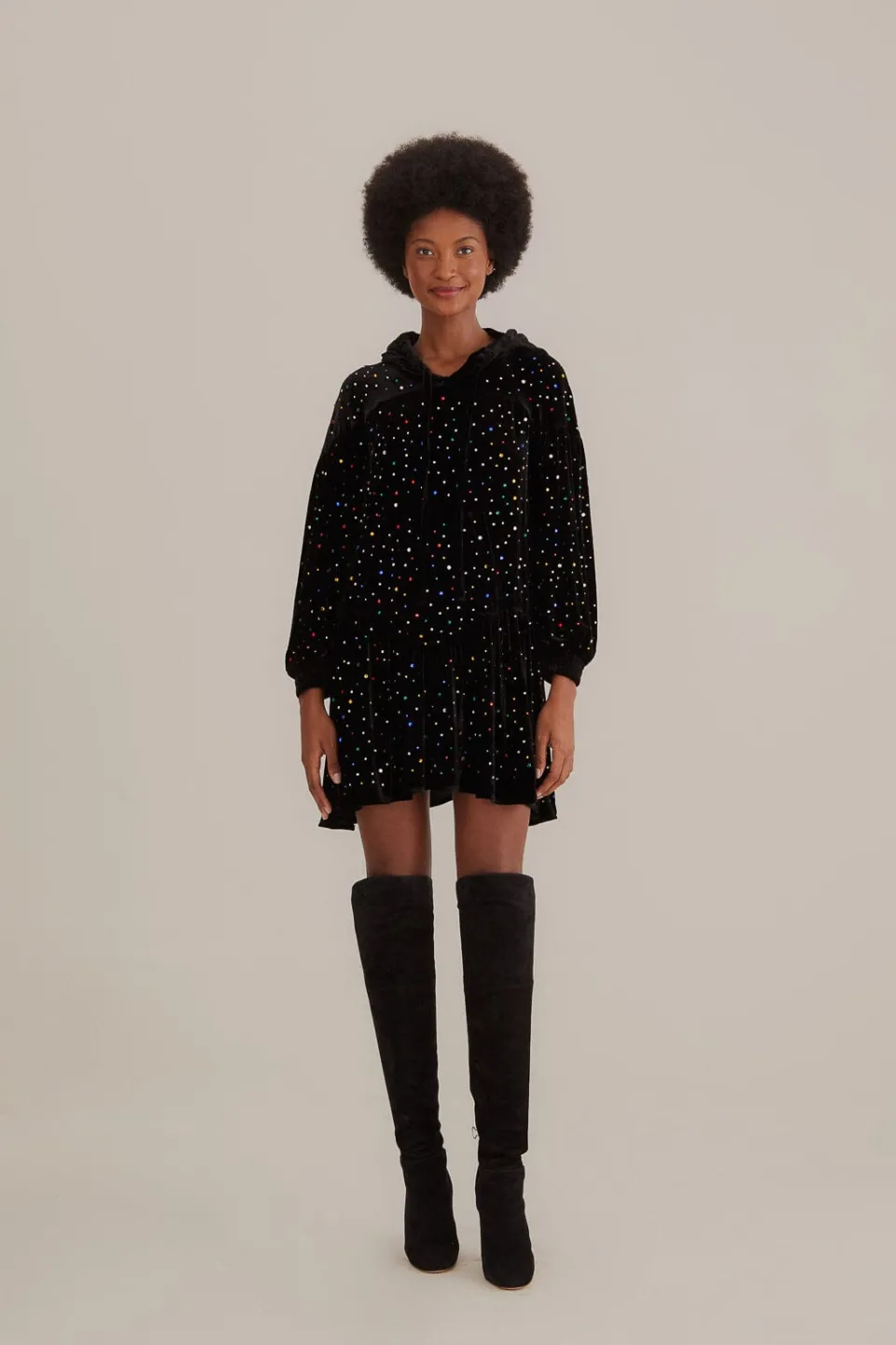 FARM Rio Robes Courtes<Mini-robe noire à manches longues en velours