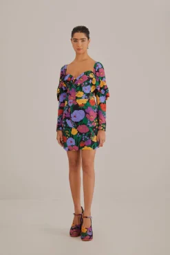 FARM Rio  Robes Courtes<Mini-robe noire à manches longues Bucolic Garden
