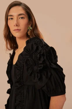 FARM Rio  Robes Courtes<Mini-robe noire à volants et manches courtes