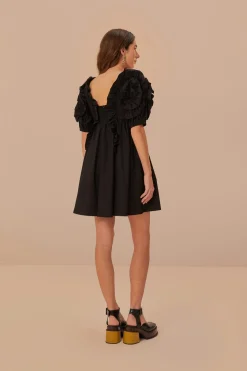 FARM Rio Robes Courtes<Mini-robe noire à volants et manches courtes
