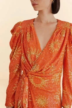 FARM Rio  Robes Courtes<Mini-robe orange à manches longues et sequins Sunny Mood
