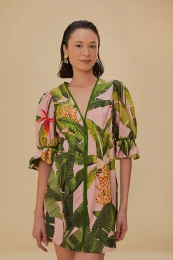 FARM Rio  Robes Courtes<Mini-robe rose à col en V et feuilles de bananier