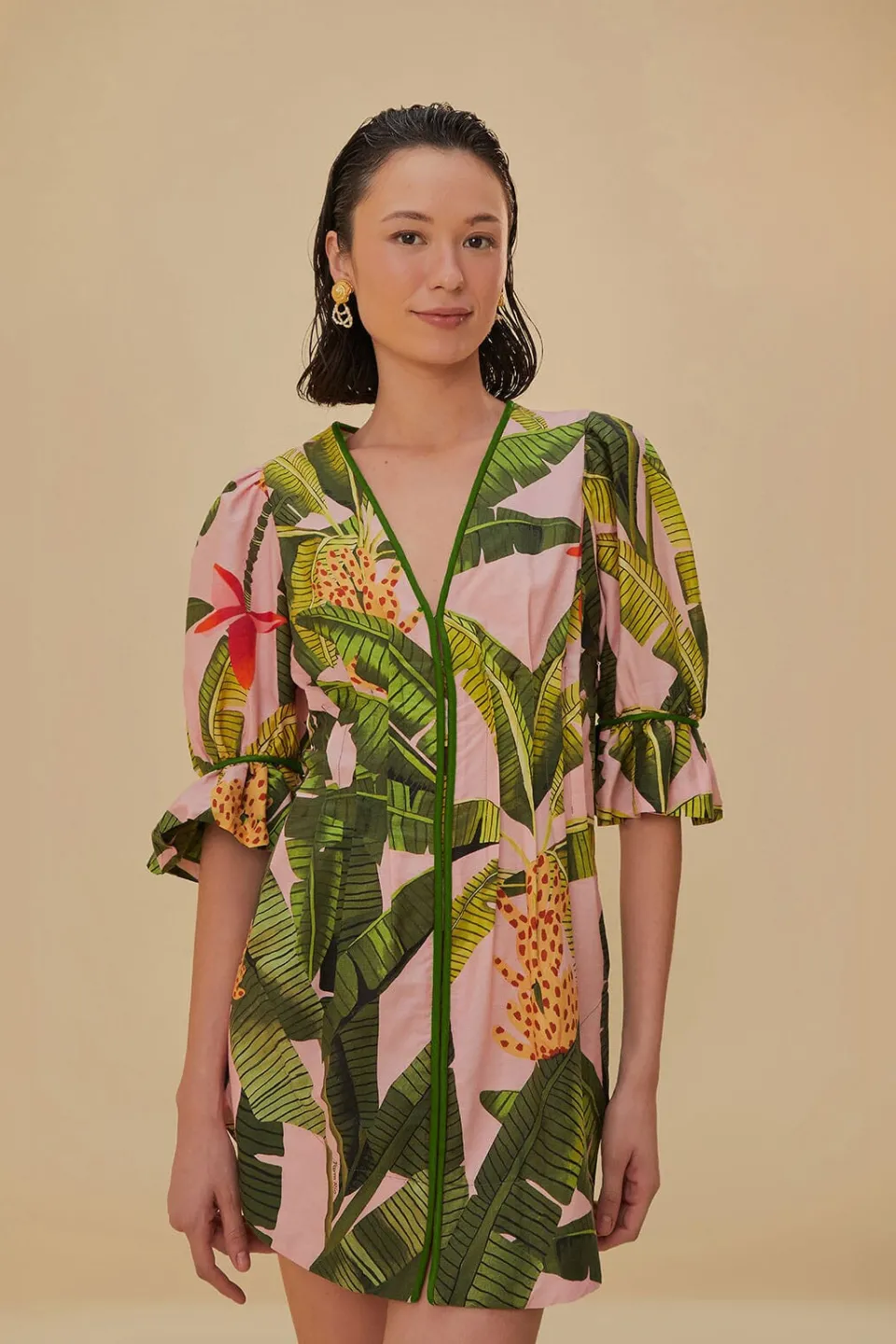 FARM Rio Robes Courtes<Mini-robe rose à col en V et feuilles de bananier