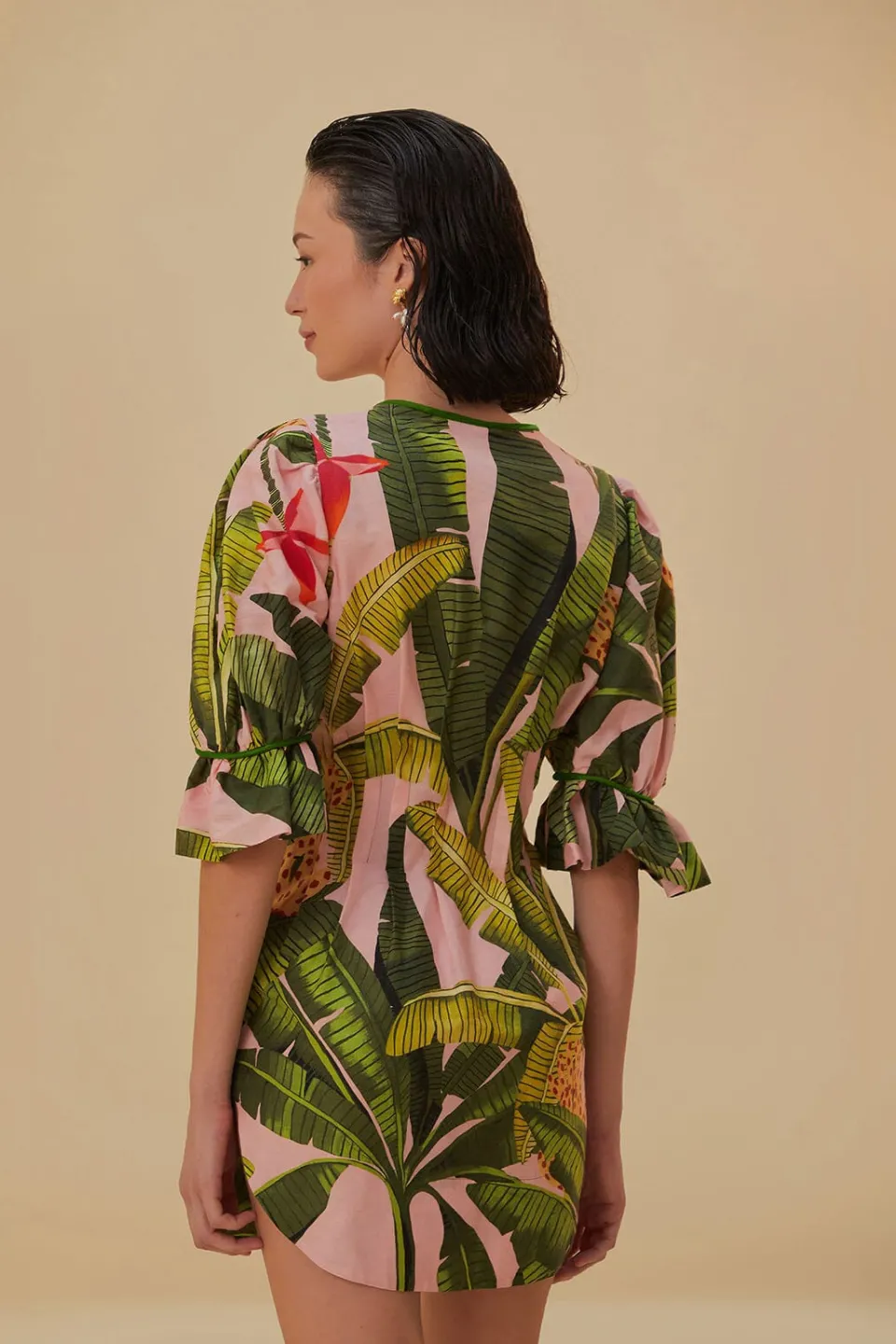 FARM Rio Robes Courtes<Mini-robe rose à col en V et feuilles de bananier