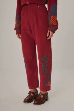 FARM Rio Pantalon<Pantalon brodé en velours côtelé rose