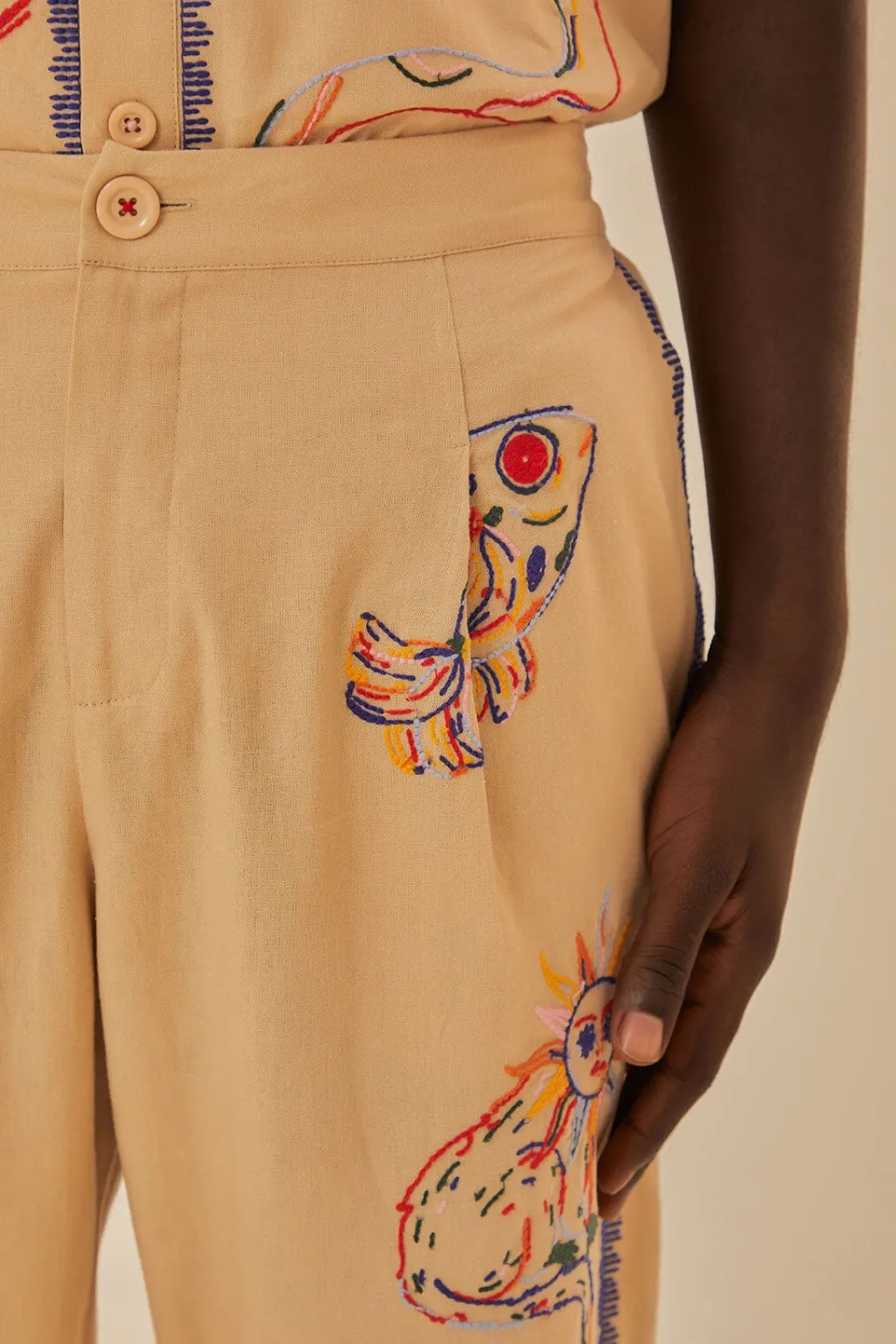 FARM Rio Pantalon<Pantalon Brodé Kaki