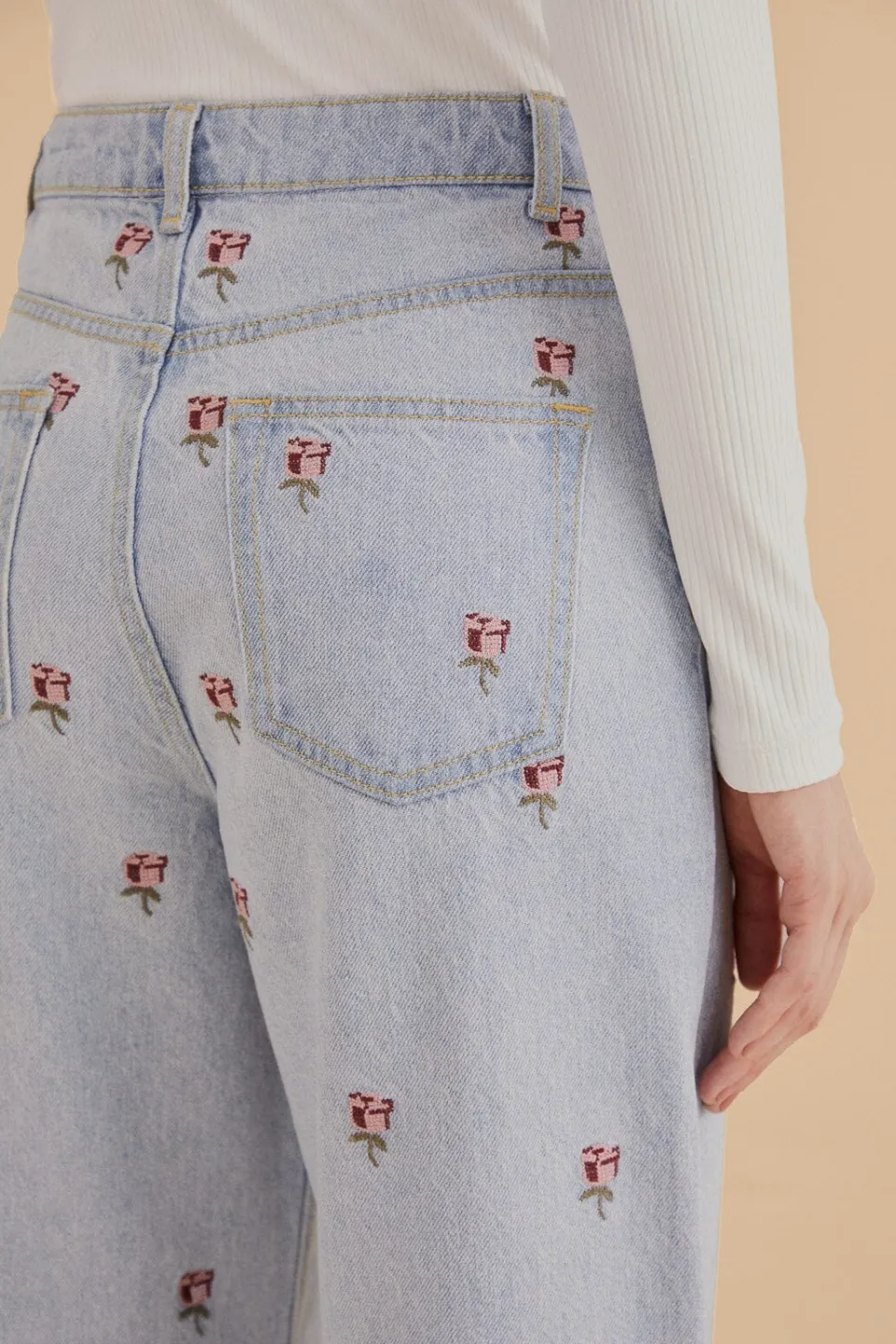 FARM Rio Pantalon<Pantalon en denim brodé de roses