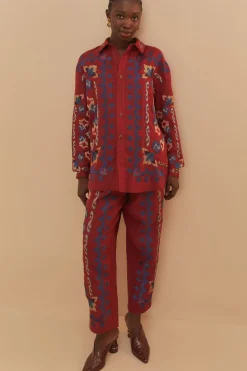 FARM Rio  Pantalon<Pantalon en jacquard à broderies florales rouges